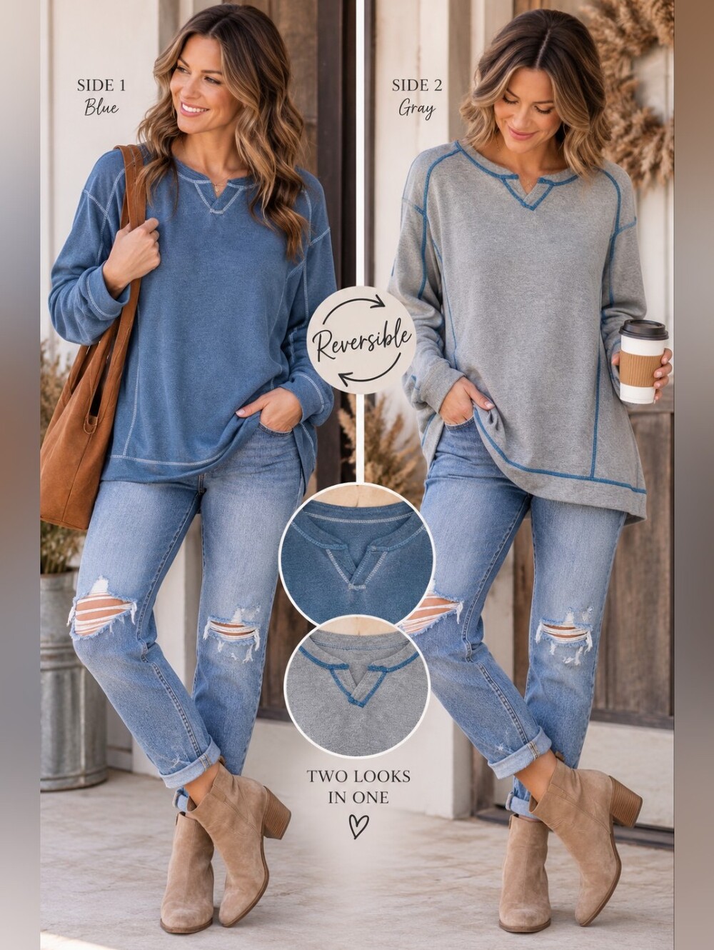 Tommy Bahama Reversible Blue Gray Sweatshirt Women’s L Coastal Pullover 23" P2P